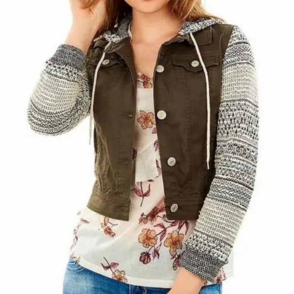 NWT XL Juniors WALLFLOWER Hooded Knit Denim Cotton Blend Cropped Jacket - Picture 1 of 7